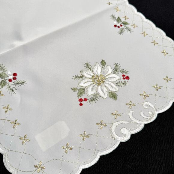Embroidered Christmas Table Runner 13x27 Poinsettia Germany Gold Thread Washable - Picture 1 of 7